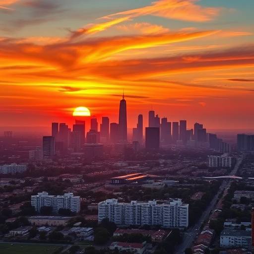 A breathtaking aerial view of the Los Angeles skyline at sunset, highlighting the city's vibrant energy.