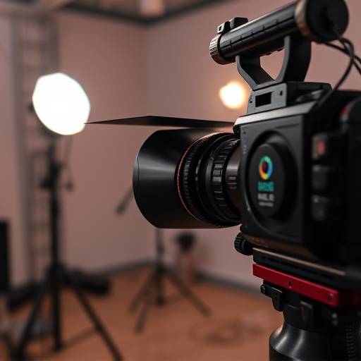 A close-up shot of a camera recording a commercial advertisement scene in a studio.