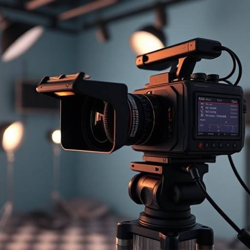 A close-up shot shows a camera recording a commercial advertisement scene in a controlled studio environment, with lighting equipment visible.