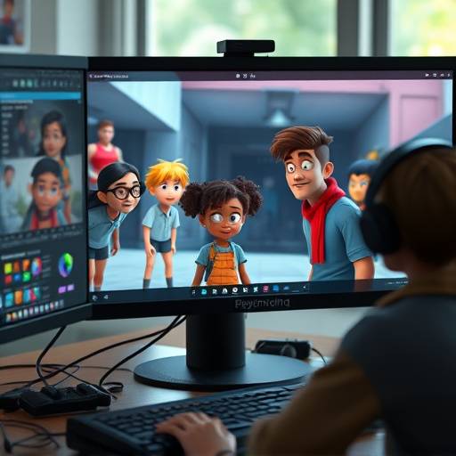 A computer screen displaying animation software with characters in development.