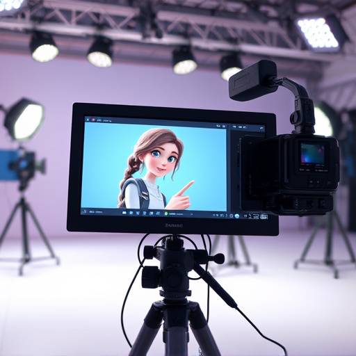 A computer screen shows animation software with characters in development, illustrating the animation and motion graphics services.
