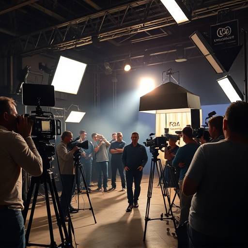 A film crew sets up a shot on a movie set with lighting and camera equipment, indicating comprehensive film production services.