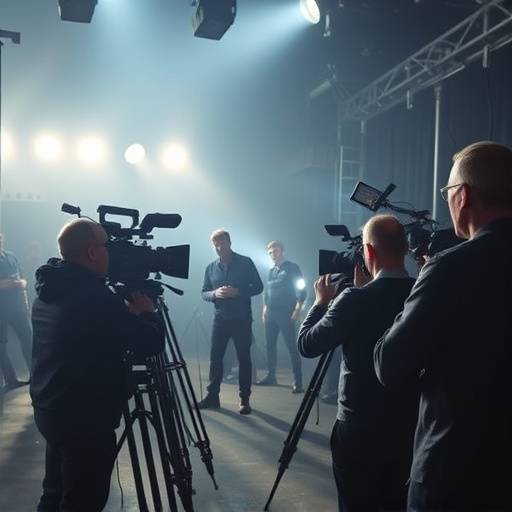A film crew setting up a shot on a movie set with lighting and camera equipment.