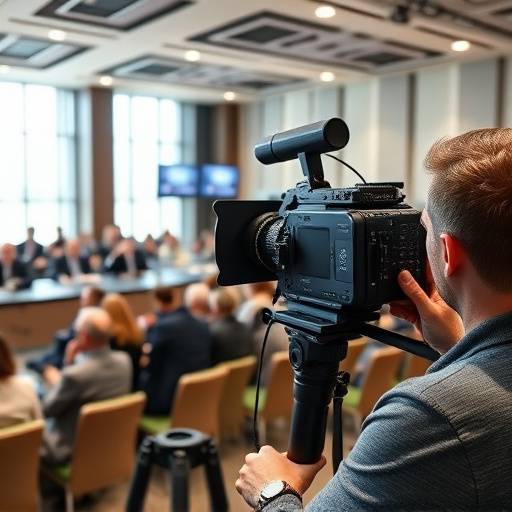 A professional videographer films an event in a modern conference hall, capturing speakers and audience interactions.