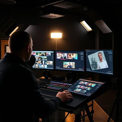 A skilled video editor works on a project with multiple screens and editing software, demonstrating video editing and post-production services.