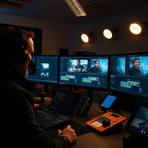 A video editor working on a project with multiple screens and editing software.