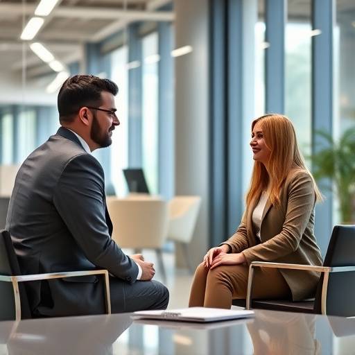 Two people are being filmed during a corporate interview in a brightly lit, modern office setting.