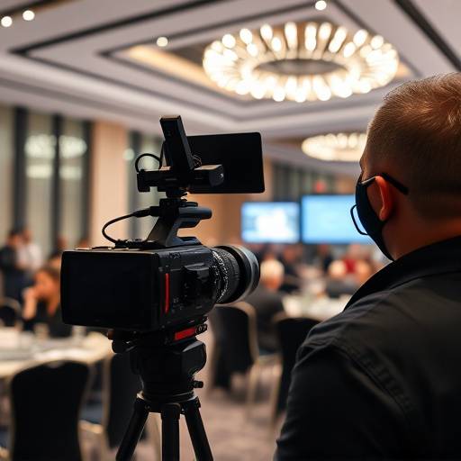 Videographer filming an event in a modern conference hall.